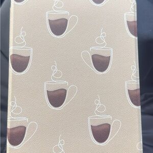 Faux leather Kindle Case with hand strap, Coffee Cup Patterned, Tan